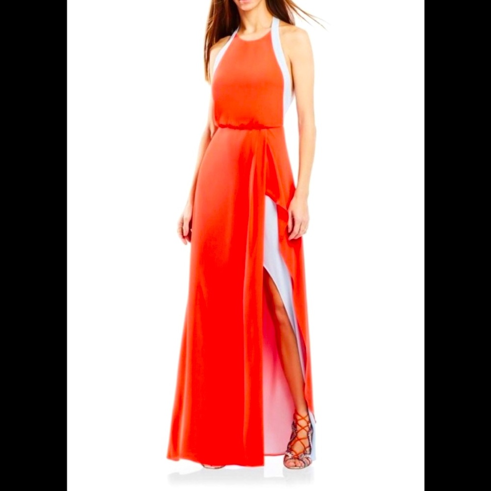 BCBGMaxAzria Colorblock Keyhole Back floor length dress